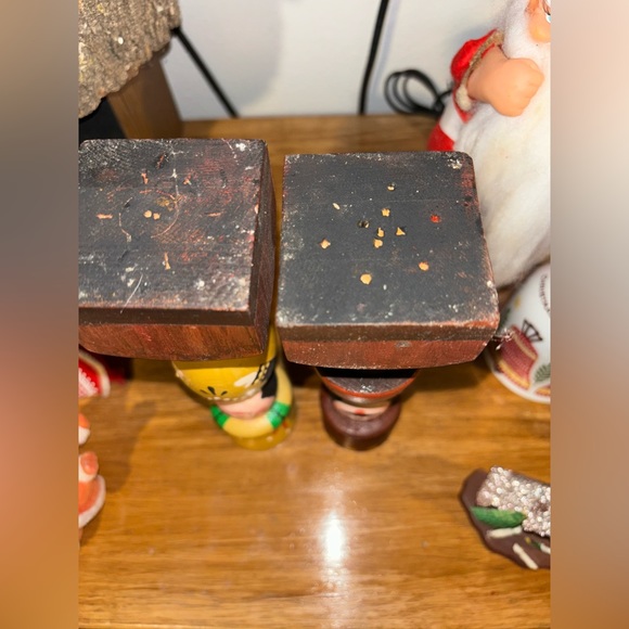 Vintage handmade folk art Christmas candle holders.  Set of 2.  Wooden. - Picture 3 of 6